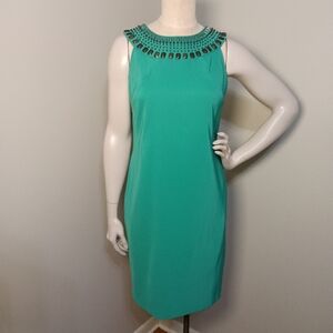 Classic! KIM ROGERS Green Sleeveless Dress Studded Collar and Pockets Sz 8